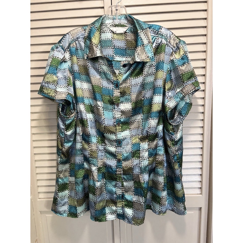 Allison Taylor Satin Square Print Short Sleeve Button Up 2XL Collar Teal/Gray